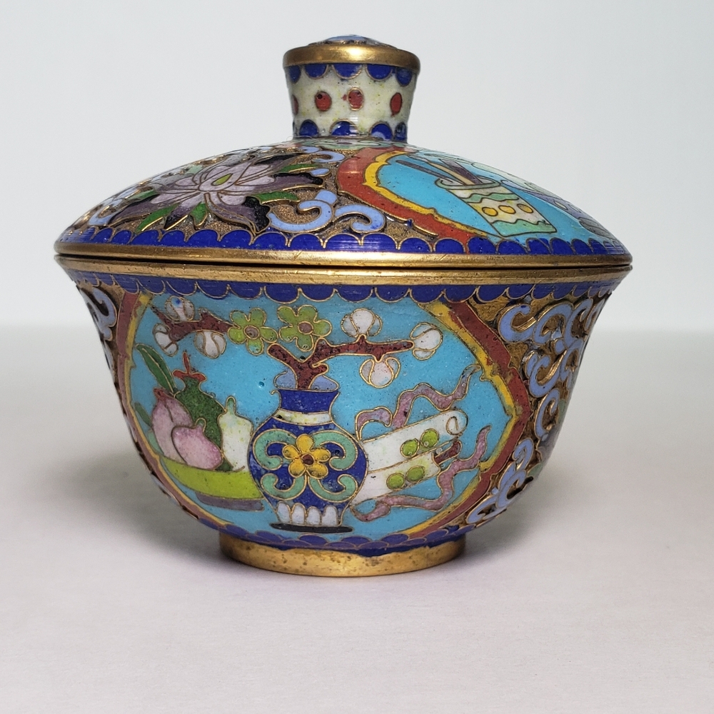 I017 Vintage cloisonne bonsai floral trinket box